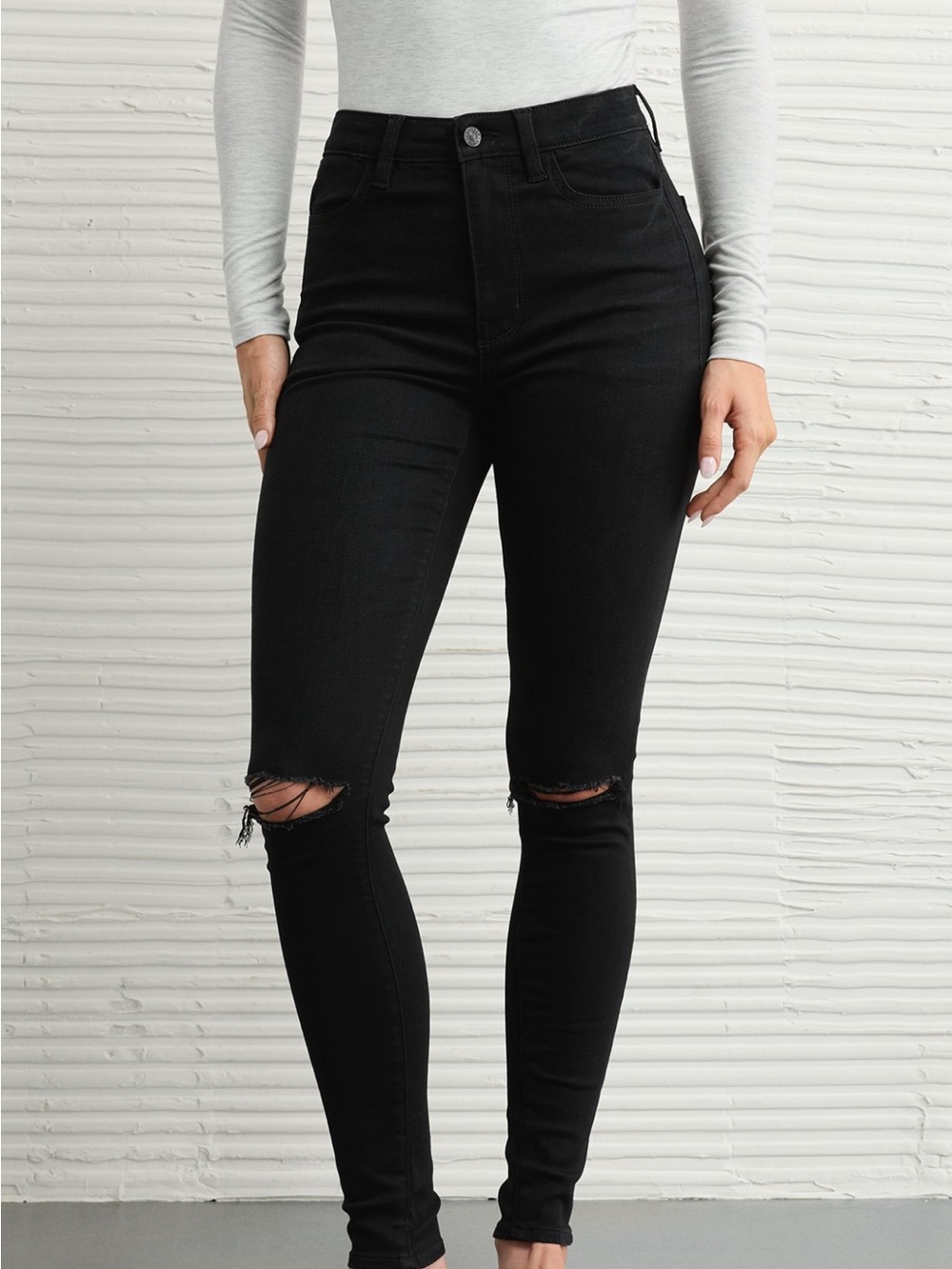 American Eagle Outfitters Black High-Waist Ripped Skinny Jeans
